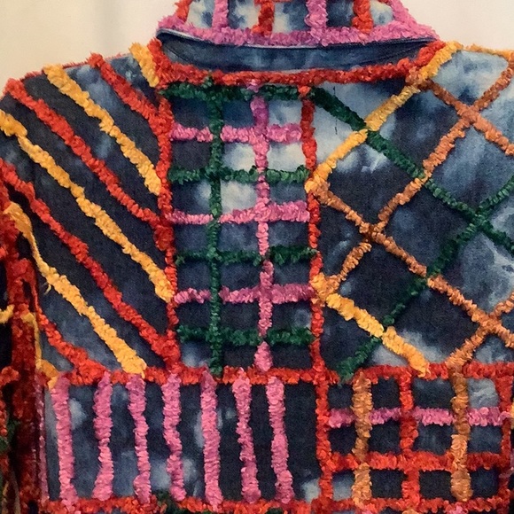 Earth Sea Sky Vtg Colorful Chenille-Embellished Acid Wash Denim Shirt Jacket Lge - Picture 6 of 8